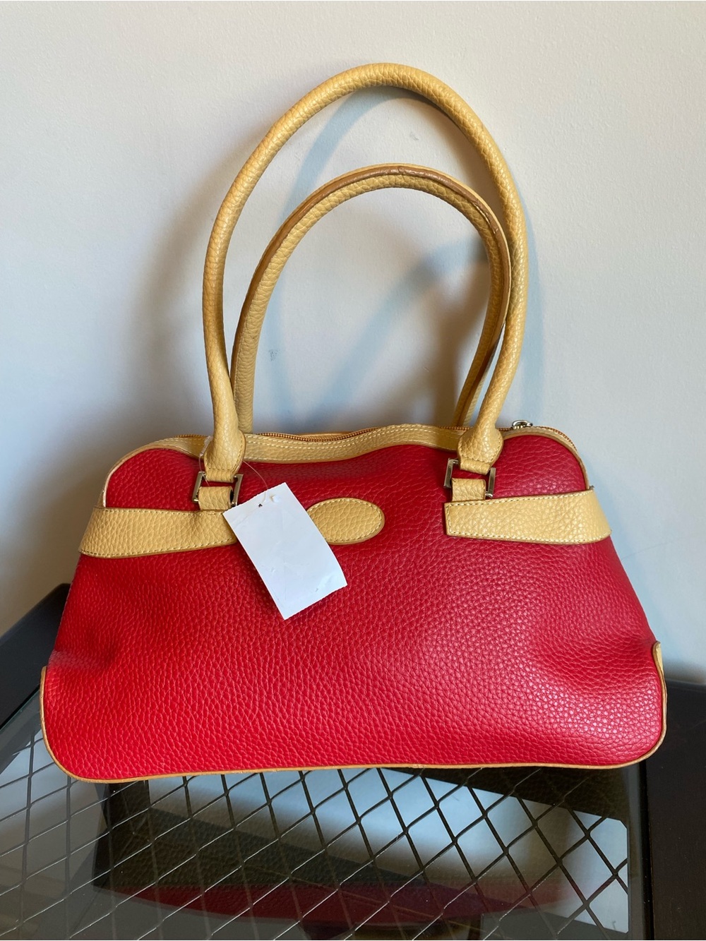 Stylish Red Satchel with Yellow Trim - Women's Shoulder Bag